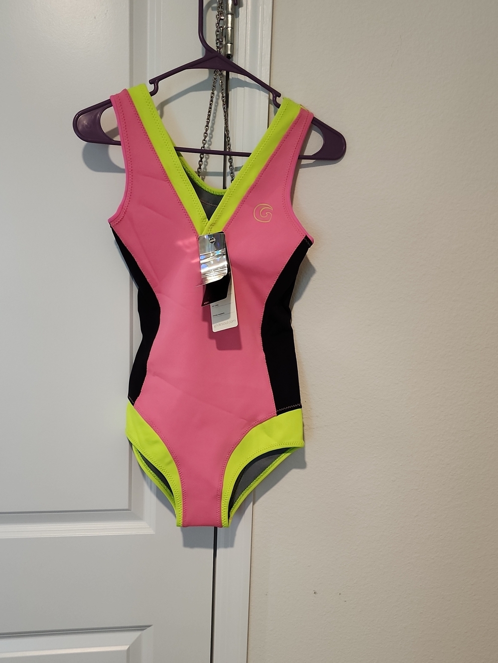 Girls Neon Pink & Lime Athletic One-Piece Swim Bodysuit - G (Unbranded)